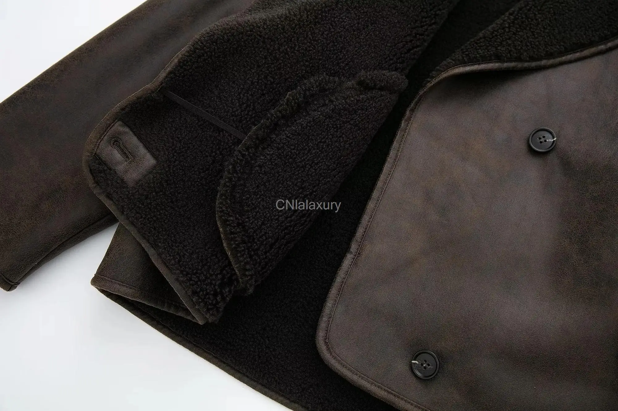 CNlalaxury 女性ファッション冬の新フェイクファーフリースジャケット長袖ラペルシックな女性のシングルブレスト暖かいショートコート Mujer