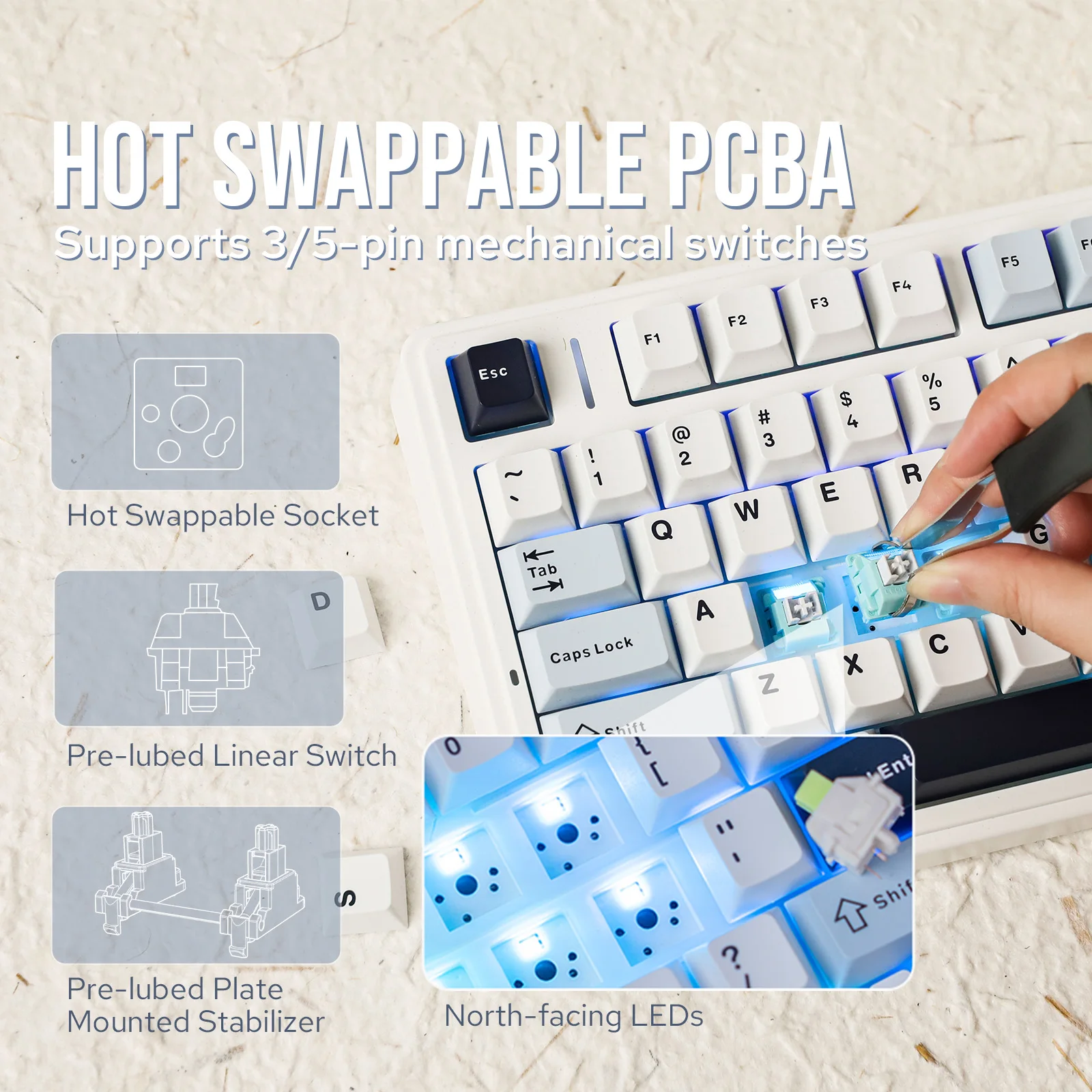 EPOMAKER x AULA F75 75% ANSI Hot-Swap Gasket Bluetooth 5.0/2.4G Wireless/Wired Mechanical Keyboard PBT Keycaps for Mac/Win