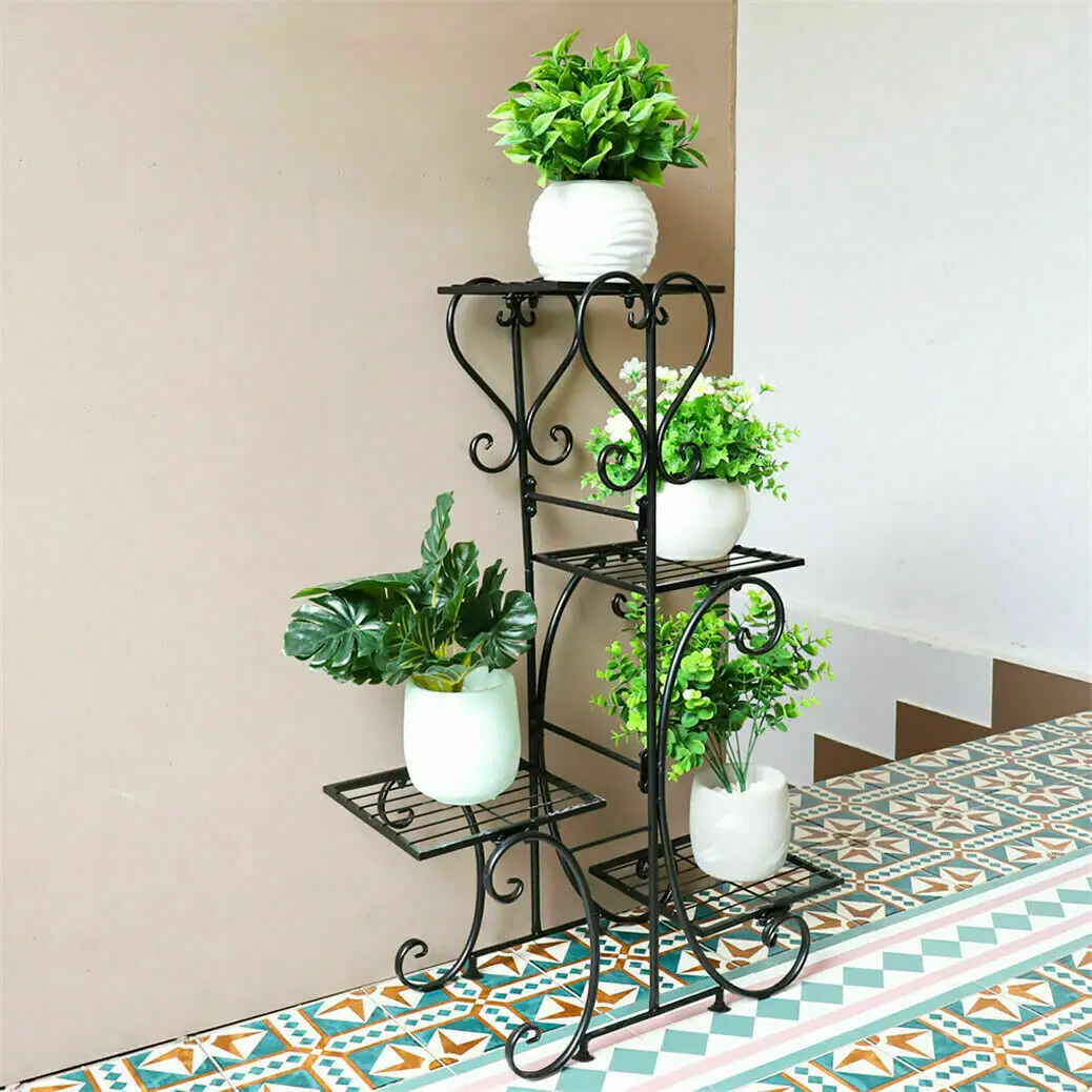 Supporto per piante in metallo a 4 livelli per interni ed esterni, patio, vasi da fiori, espositore, organizer in bianco e nero