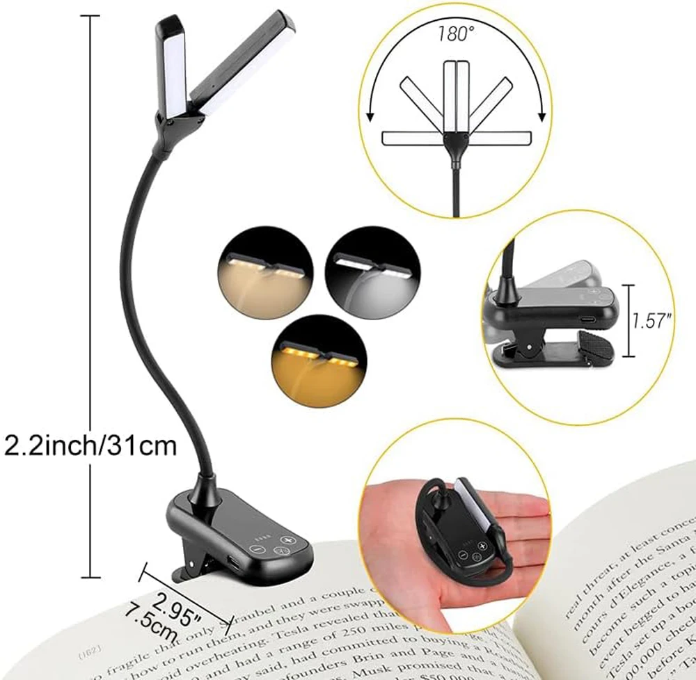 Book Light,14 LED Touch Control Reading Light with 3 Colors&8 Brightness,Rechargeable Book Light for Reading in Bed