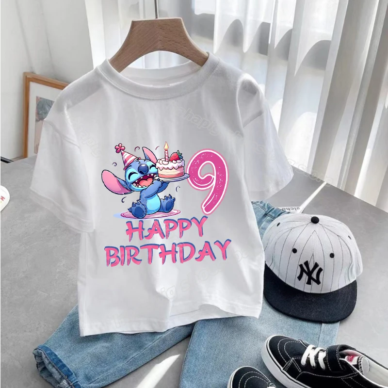 อะนิเมะ Stitch สาววันเกิดเสื้อยืดฤดูร้อนเด็กจํานวน TEE เสื้อแขนสั้นเด็ก TEE Tops การ์ตูนพิมพ์เสื้อผ้าเด็กวัยหัดเดิน