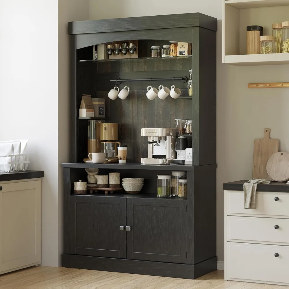 Coffee Bar Cabinet with LED Lights 72" Tall Buffet Cabinet with Storage Farmhouse Kitchen Sideboard