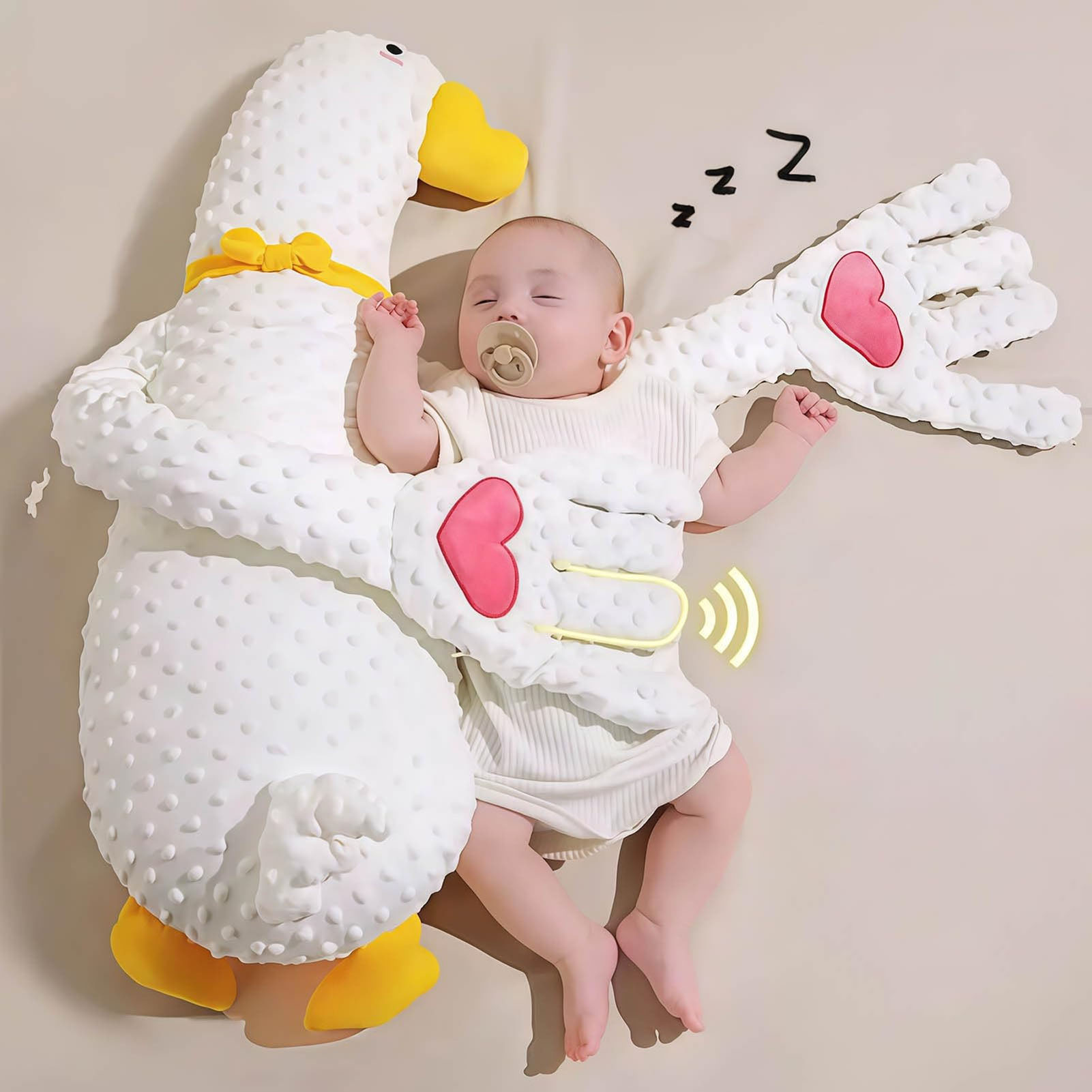 Poupée de couchage en forme d'oie blanche pour bébé, avec paume apaisante, oreiller électrique réglable à 3 vitesses, paume apaisante