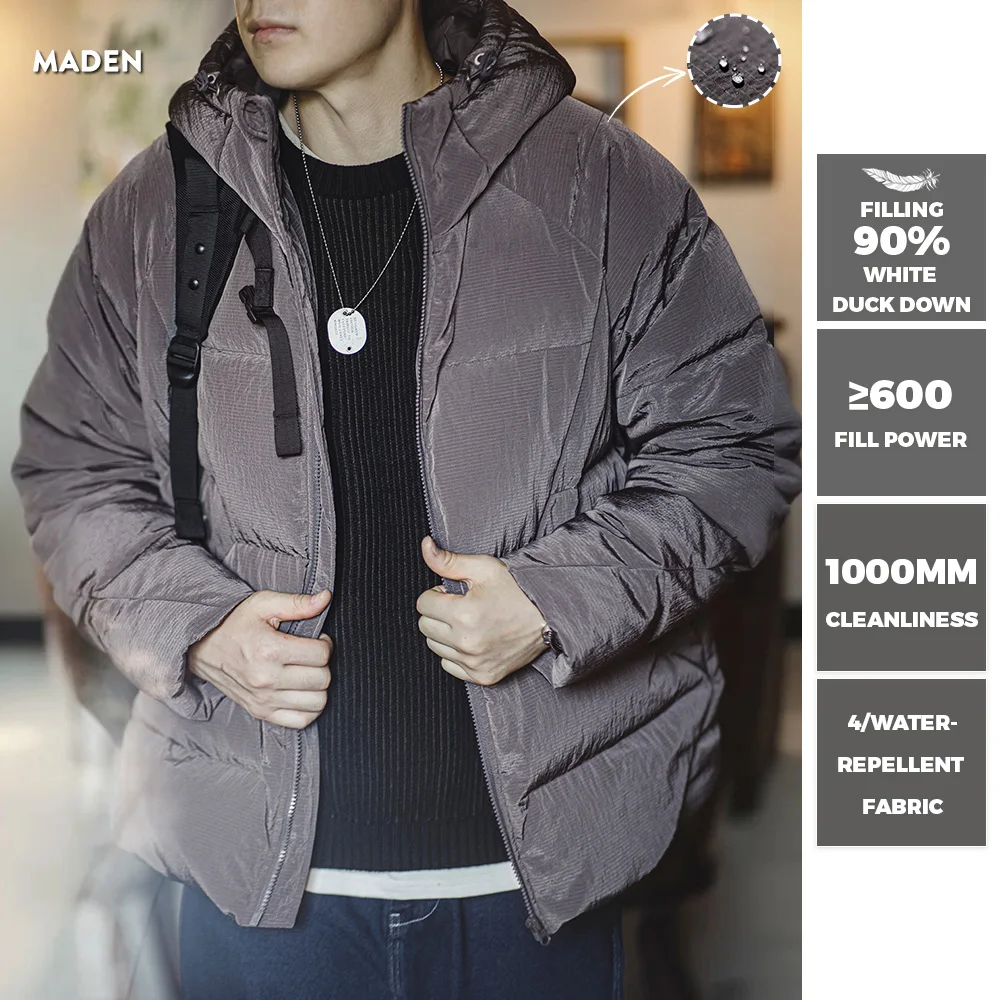 Maden Neue lässige 90 % weiße Entendaunen-Kapuzenjacke in Grau, verdickter warmer Mantel für Herren-Winterkleidung, vielseitige Pufferjacke