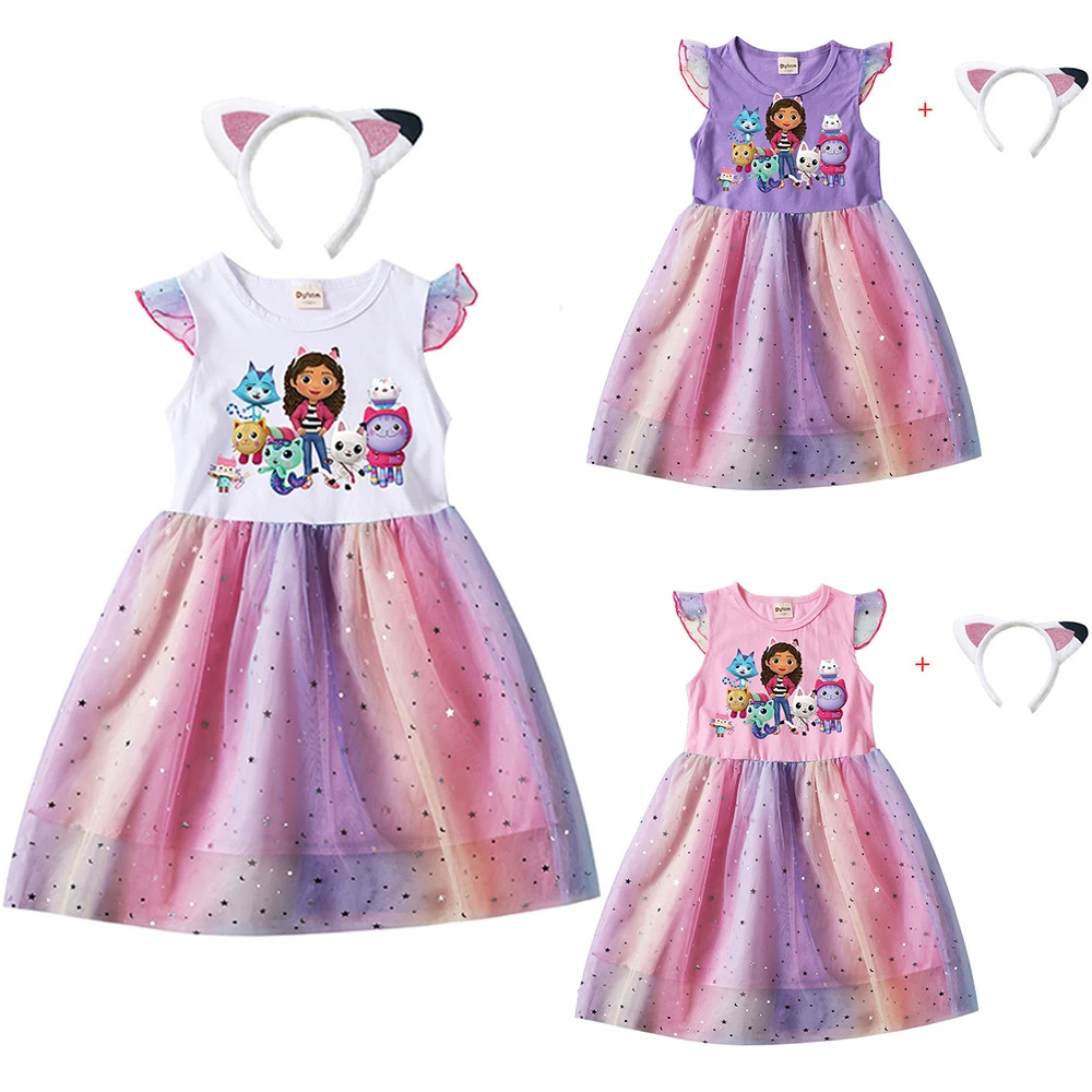 Vestidos de princesa para niña + diadema de dibujos animados de gatos Gabby, ropa para niños, disfraz de Cosplay, vestido informal con mangas voladoras, 2 uds.