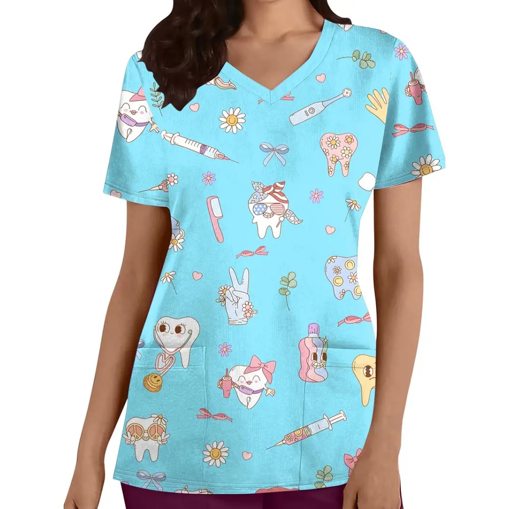 Uniforme clínico para mujer, estampado de dibujos animados de dientes, microelástico, cuello en V, Dental, Tops de manga corta a la moda, uniformes quirúrgicos
