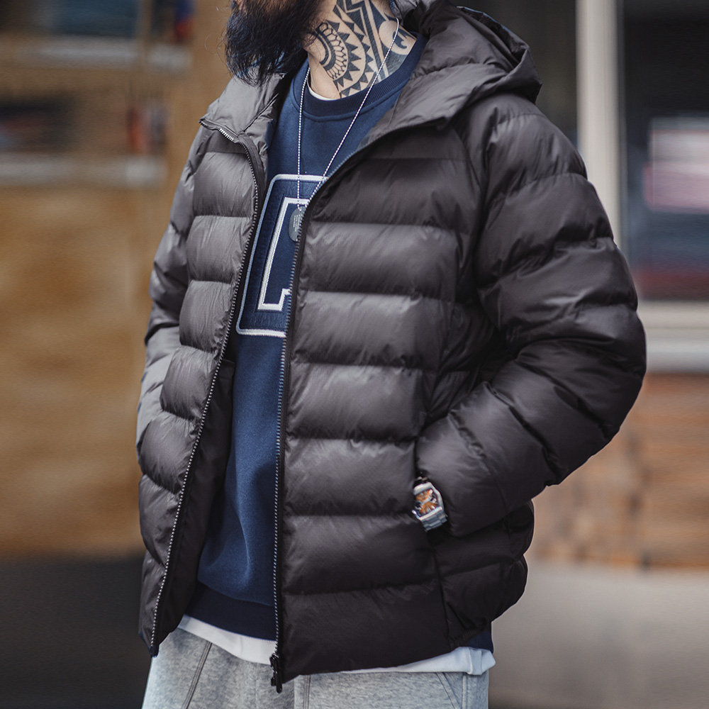 Maden Casual น้ําหนักเบากันน้ํา Quilted Hooded เสื้อแจ็คเก็ตผ้าฝ้ายสีทึบอบอุ่นซิปเสื้อแจ๊กเก็ตอเนกประสงค์ของผู้ชาย