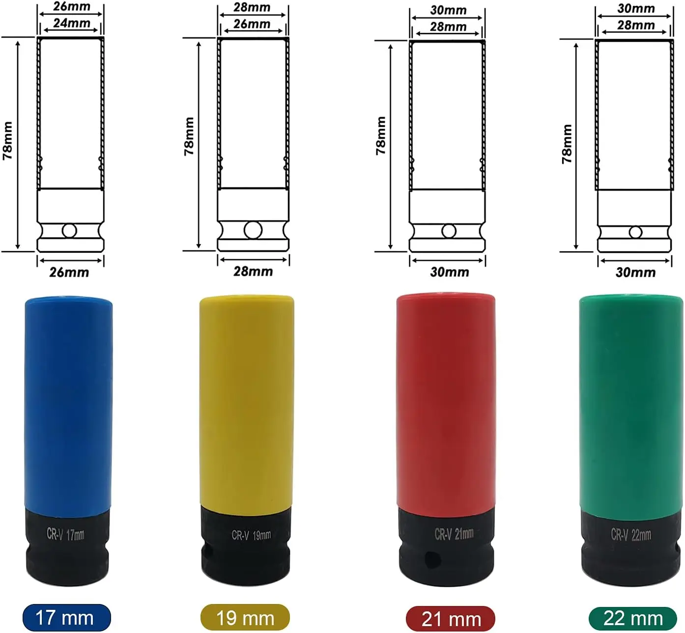 1/2 นิ้วไดรฟ์ล้อ Protector ซ็อกเก็ตผลกระทบบาง Deep Impact SOCKET ชุดพลาสติก LUG NUT 17 มม.,19 มม.,21 มม.,22 มม.