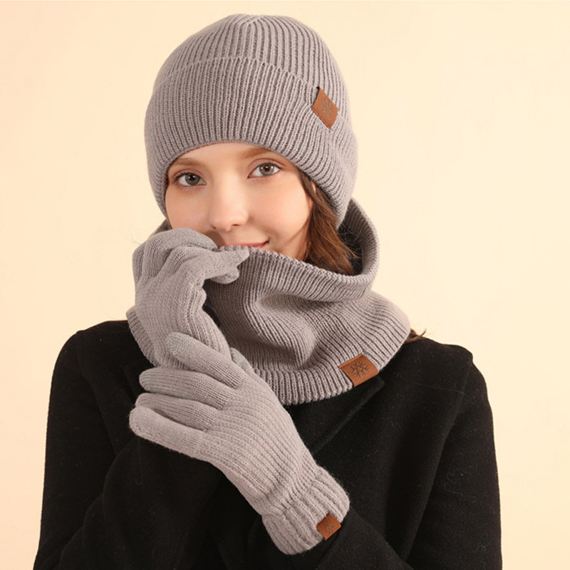 3Pcs Winter Sjaal Hoed Handschoen Sets Voor Vrouwen 2022 Dikke Warme Pluche Voering Fleece Gevoerde Mutsen Hoed Snood touch Screen Handschoenen Gift
