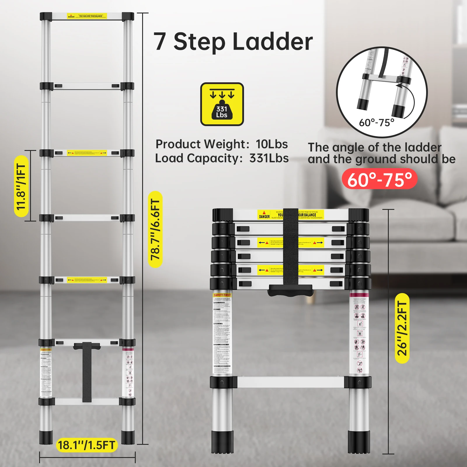 6.6FT Aluminum Telescoping Ladder, Folding Ladder Collapsible Ladder with Non-Slip Feet, Portable Multi-Purpose Extension Ladder