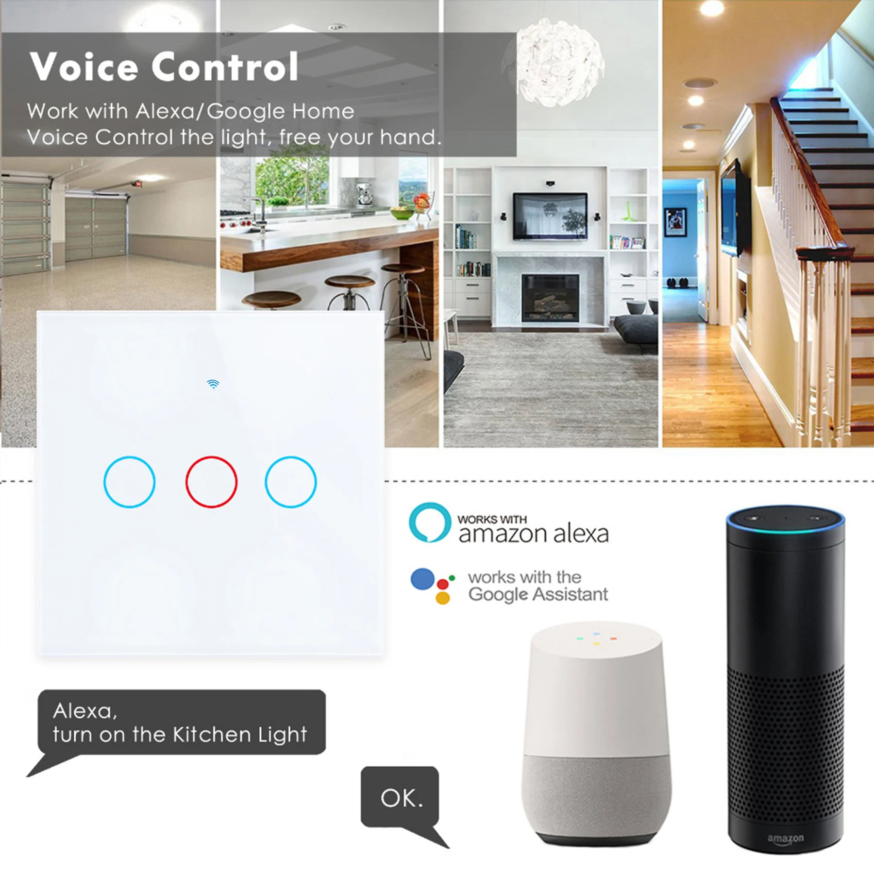 Interruptor inteligente UE/EE. UU. Alexa RF433 sin Control Tuya neutro funciona con Google 1/2/3 Gang Smart Life Home Light WiFi interruptores táctiles
