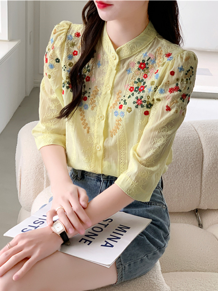 Smthma-女性のための花のジャカードシャツ,新しい,ヴィンテージスタイル,カジュアルでロマンチック,多用途スタンドカラー,夏