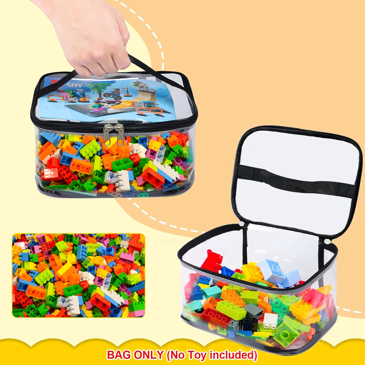 Bolsa de almacenamiento de juguetes con cremallera de malla transparente, organizador de rompecabezas y bloques de gran capacidad, Ideal para almacenamiento de juguetes y bloques de construcción