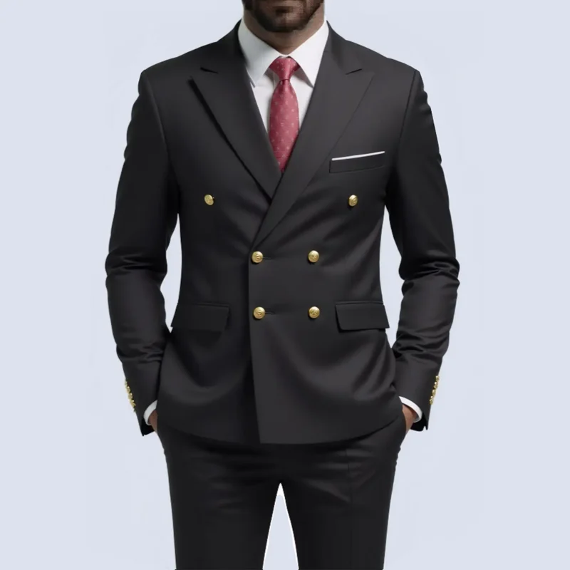 Männer Zweireiher Anzug Schwarz Slim Fit Hohe Qualität Hochzeit Kostüm Party Prom Gold Taste Männliche Anzüge