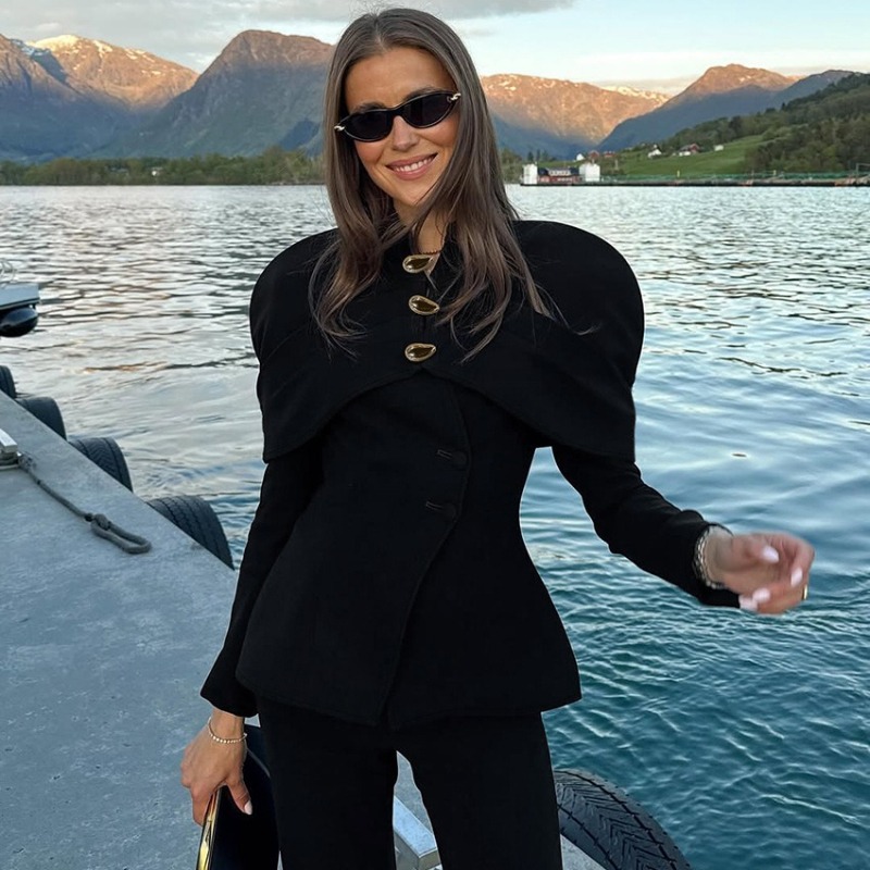 Trendix preto elegante blazer para mulher 2025 outono moda botões de ouro retalhos jaqueta casaco festa vintage commuter terno jaqueta