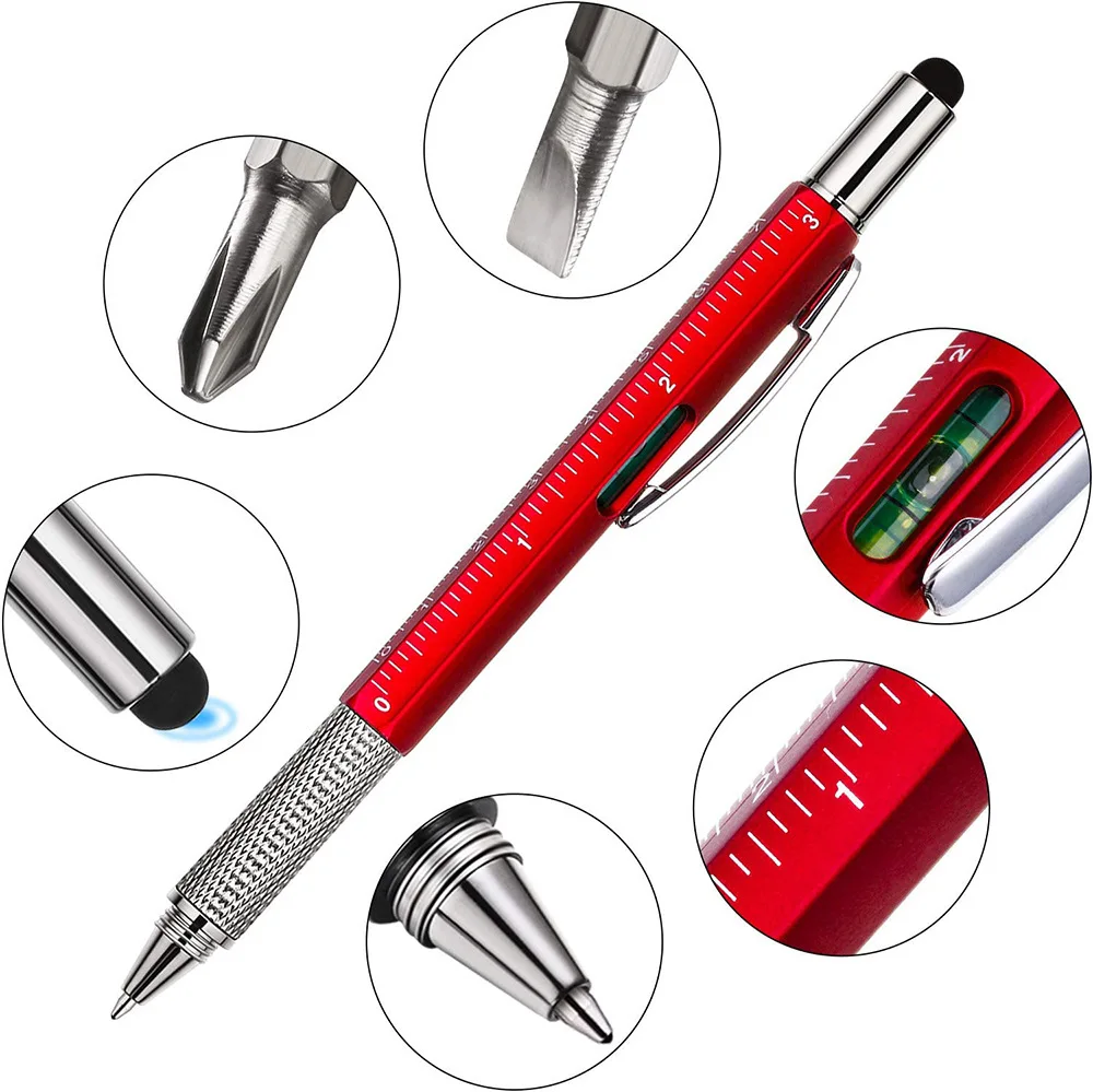 7 in 1 Multifunctional Pen Touch Screen Stylus Capacitive Pen with Screwdriver Ruler Levelgauge Refillable Ballpoint Pencil Tool