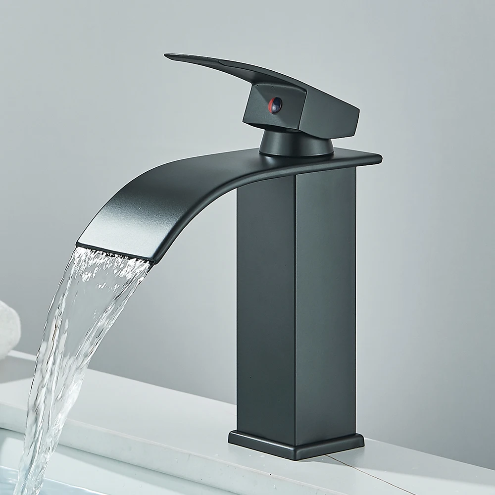 Quyanre Matte Schwarz Wasserfall Becken Wasserhahn Einzigen Griff Mixer Heißes Kaltes Wasser Becken Kran Wasserhahn Für Badezimmer Waschbecken Mischbatterie