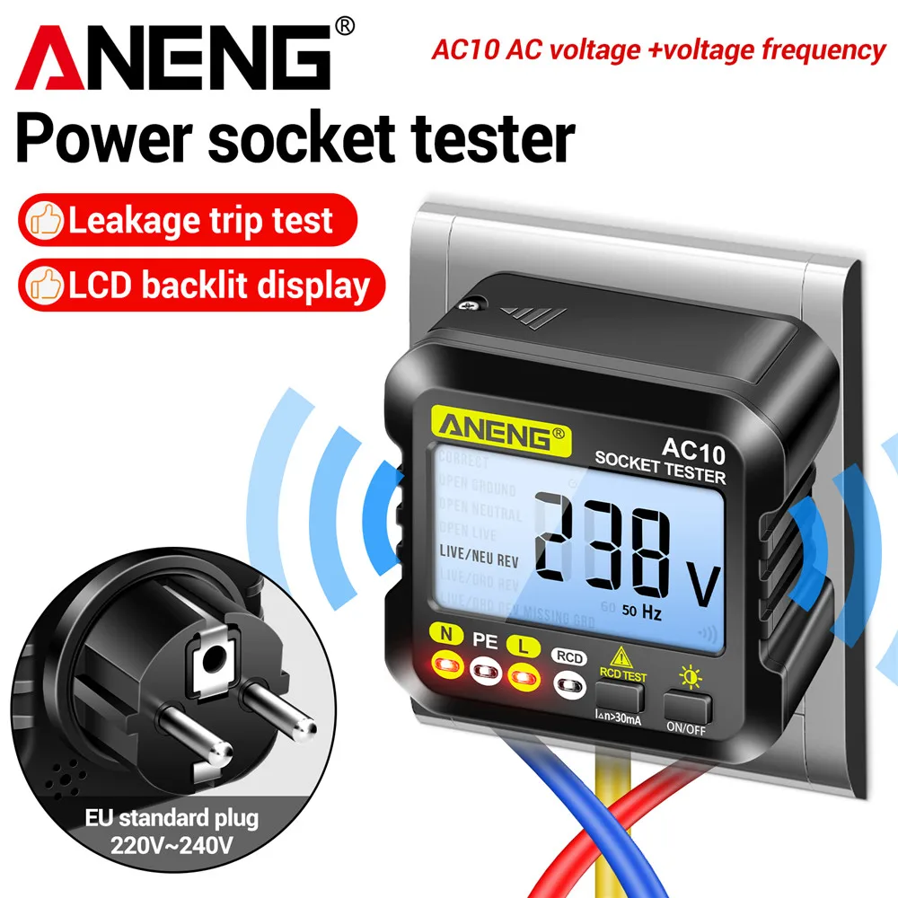 ANENG AC10 probador de enchufe Detector de enchufe enchufe de línea cero polaridad retención de fase Detector de fase enchufe de EE. UU./UE multímetro probador Digital