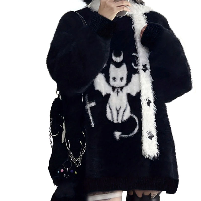Women's Y2K Devil Jacquard Pullover Knit Sweater for Winter Gothic Style Furry Pullover Sweaters for Female