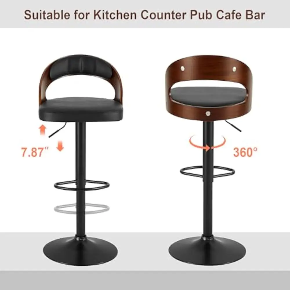 Bar Stool Set of 4, Island Stools w/Bentwood Back, Arm&Footrest, Island Chairs Adjustable Height PU Leather Cushion Seat