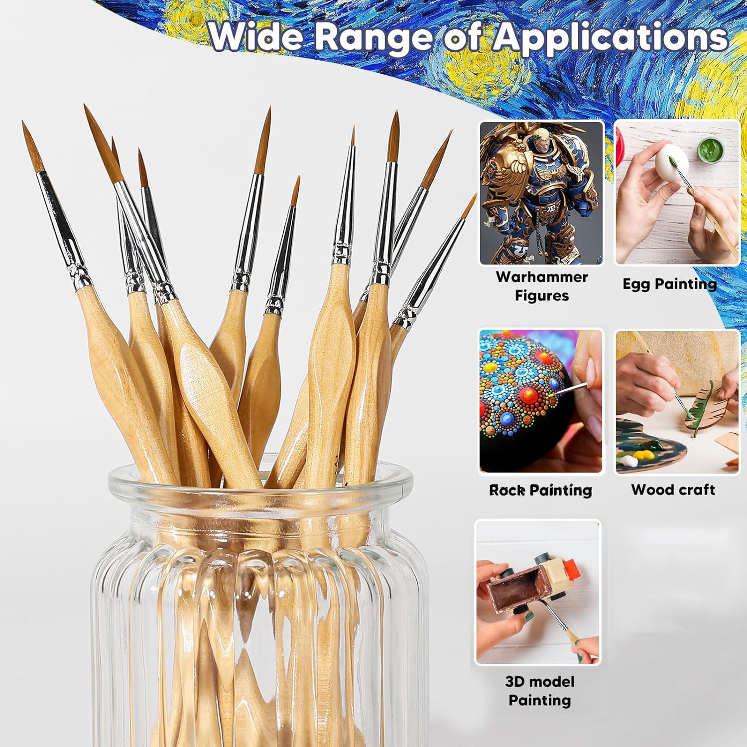 Conjunto de pincéis de pintura de detalhes em miniatura premium, 11 peças com haste triangular de madeira natural para modelos de artesanato a óleo de aquarela, desenho de linha ótimo