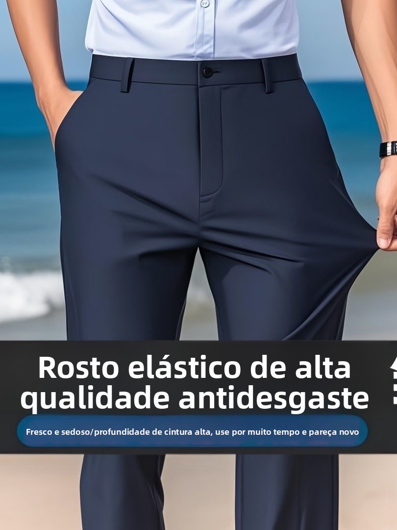 Calças Masculinas de Seda Gelada Ultrinas e as, Corte Reto Solto, de Alta Elasticidade para Uso Casual de Negócios