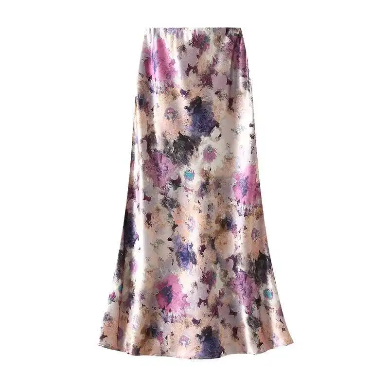 Faldas largas de satén con flores Pastel de lujo para mujer, Faldas elegantes de cintura alta para primavera y verano 2025