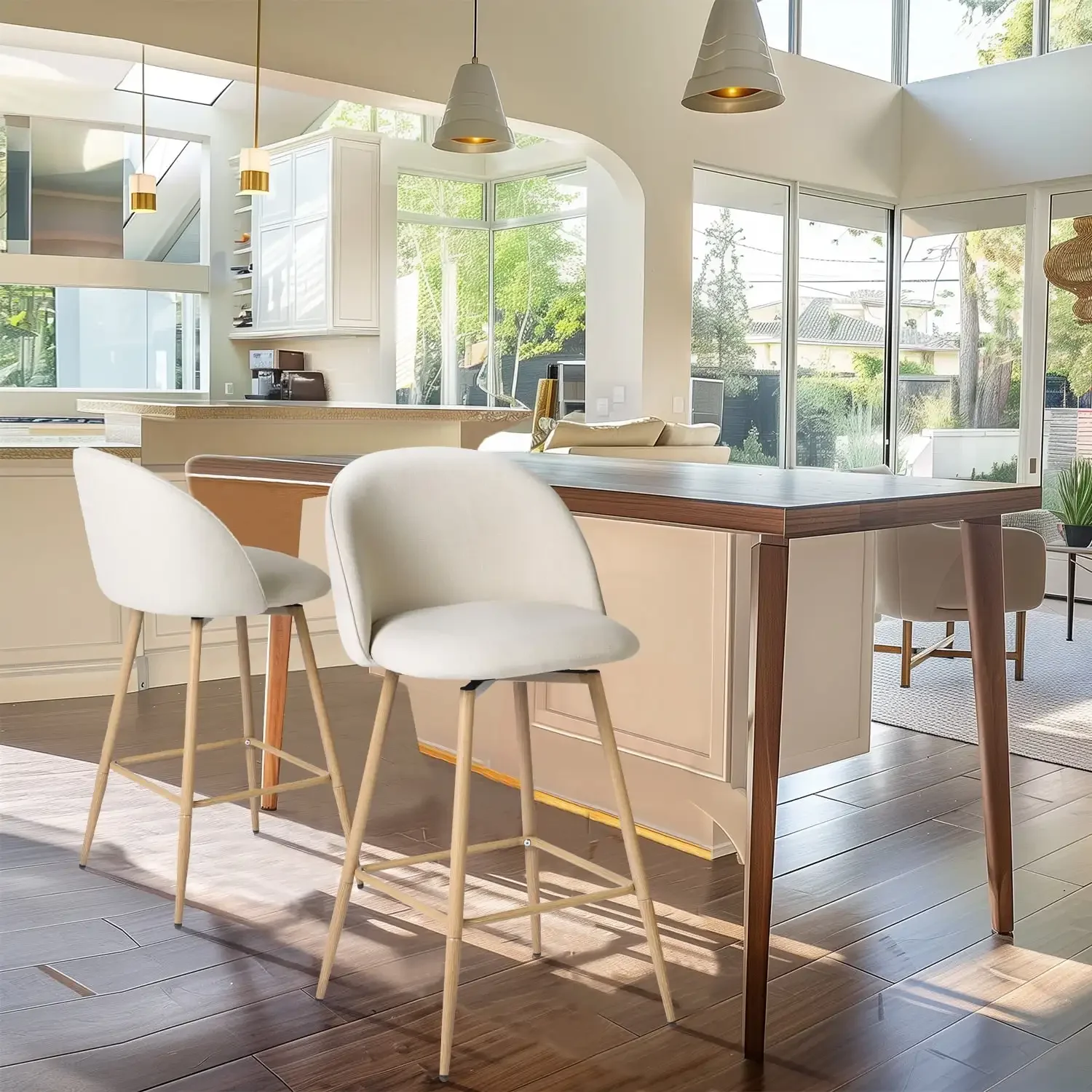 26" Counter Height Bar Stools Set of 2, Swivel Stools for Kitchen Island, Beige