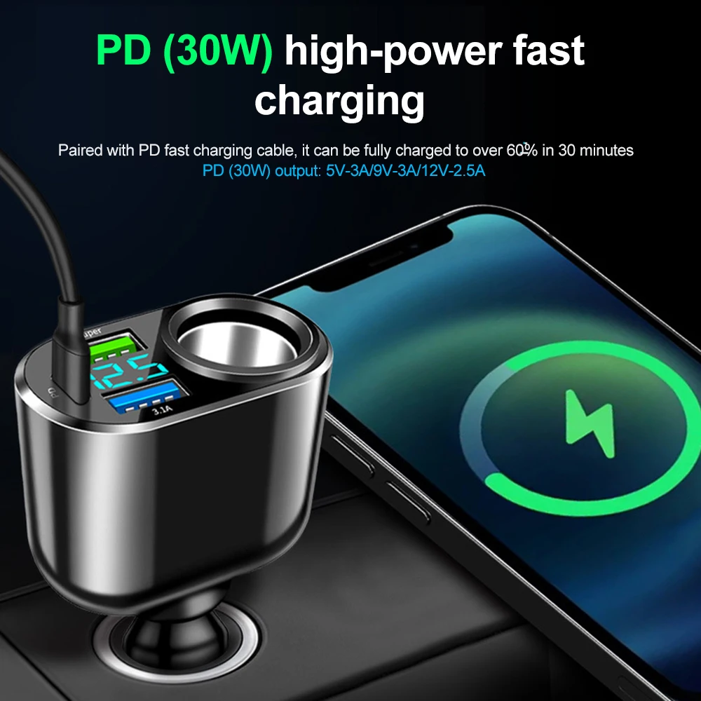 Adaptador de encendedor de cigarrillos de coche QC3.0 PD de 66W, cargador de teléfono de carga rápida USB, cargador de coche Universal de 12V-24V para iPhone, Samsung y Xiaomi
