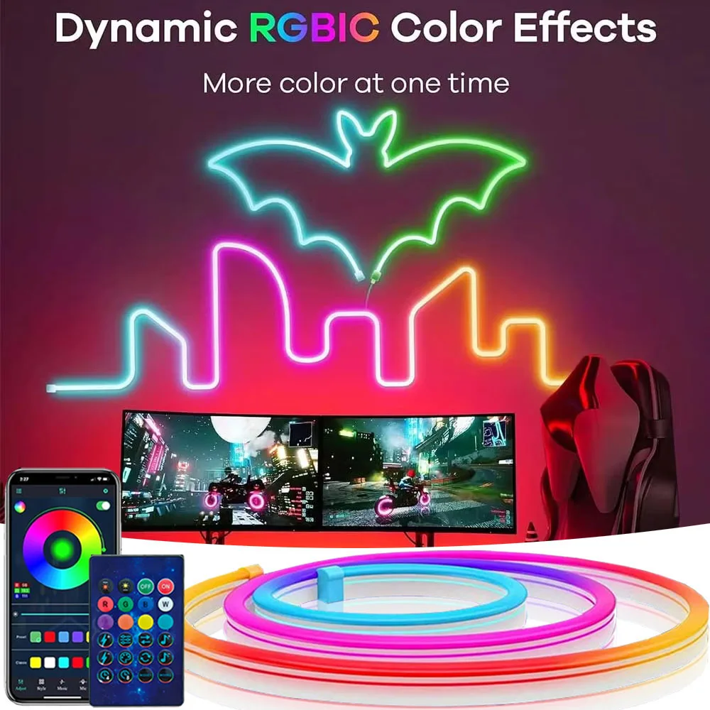 Striscia al neon LED RGBIC alimentata tramite USB con controllo app per l'arredamento della stanza, striscia al neon WiFi intelligente Illuminazione natalizia di Halloween