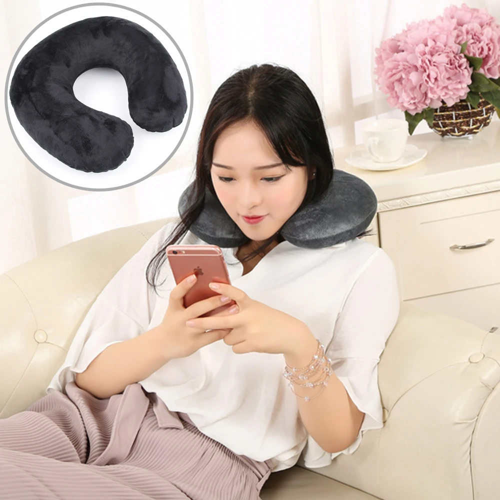 Funda de tela de felpa flocada, almohada inflable de viaje al aire libre, cojín en forma de U, almohada para el cuello, accesorios de viaje, almohada para siesta