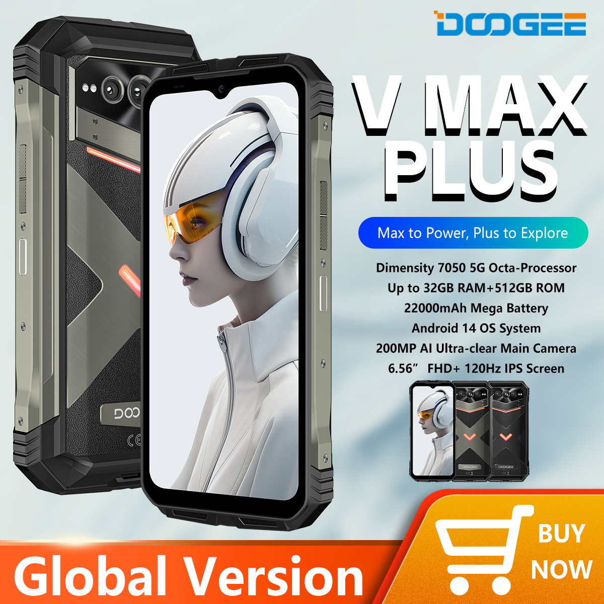 DOOGEE V Max Plus Rugged Phone 22000mAh 36GB(16+20) 512GB 200MP Camera Phone 6.58" 120Hz Dimensity 7050 Android14