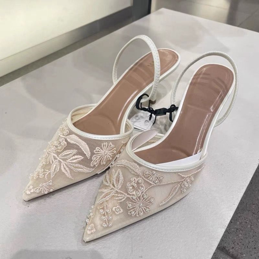 Marke Designer Weiß Frauen Pumpen Mesh Gestickte Blumen Zurück Strap Sexy Slingback High Heels Kleid Hochzeit Schuhe für Damen