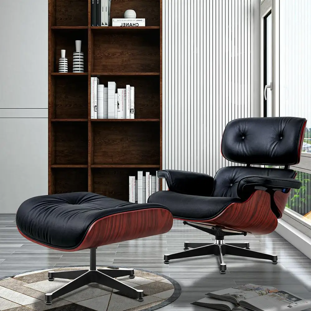 Fauteuil inclinable classique TY302, branche d'acide profond, avec cuir de vache noir, grande tête, pied pivotant, meubles, Stock ue