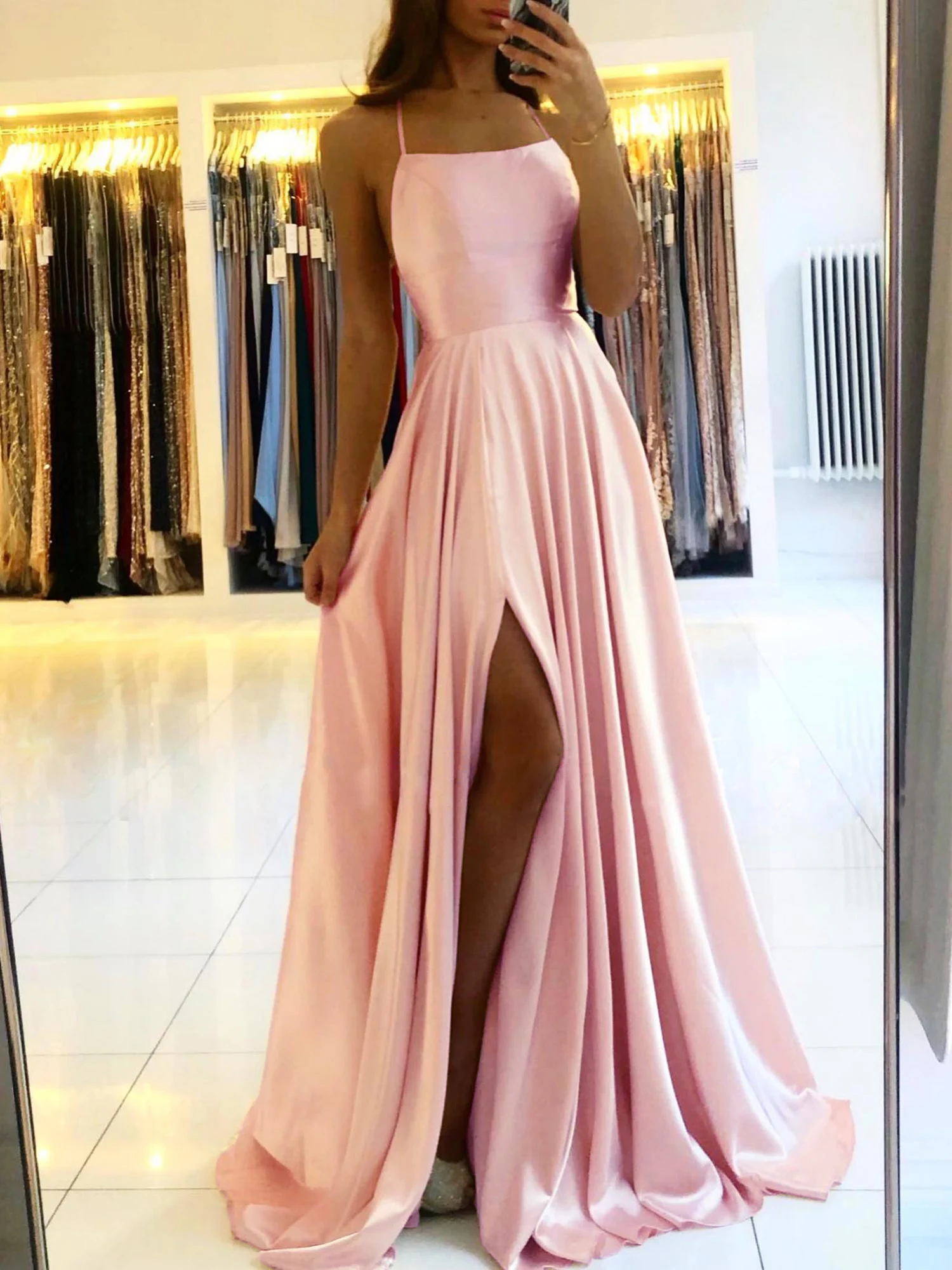 2024 simples cintas de espaguete sexy fenda senhoras azul a linha longo cetim vestidos de noite para mulheres casamento baile de formatura vestidos de festa