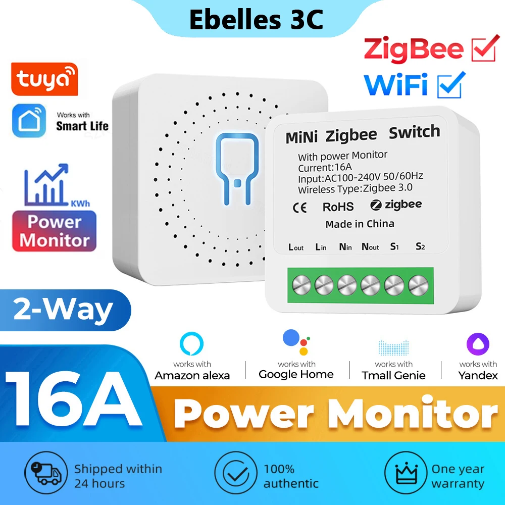 MiNi interruptor inteligente Tuya Zigbee/WiFi, Monitor de potencia, 16A, Control bidireccional, temporizador, relé, funciona con Alexa, Google Home, Alice