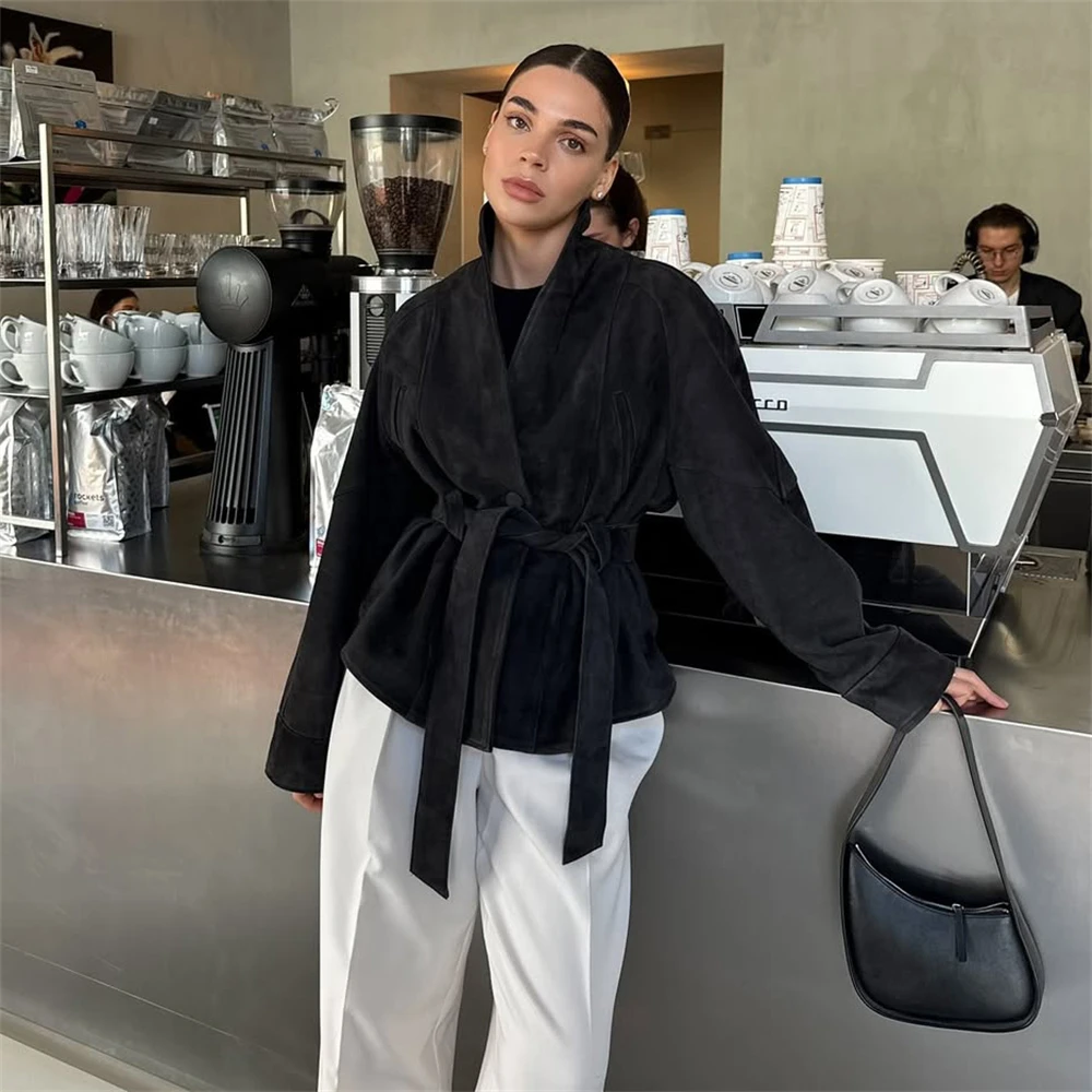 Tornova retro camurça jaqueta de manga comprida casaco feminino com decote em v rendas até jaqueta 2025 outono inverno novo comute escritório senhora outerwear