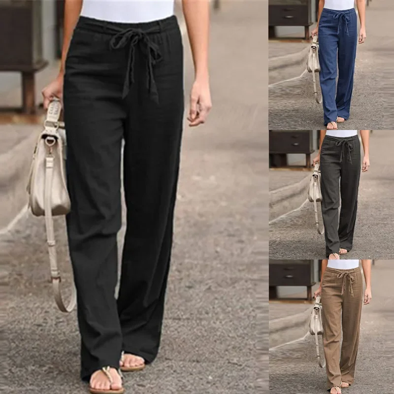 Pantalones de lino y algodón para mujer, moda de verano 2023, Pantalones rectos holgados con cintura elástica, pantalones informales hasta el tobillo de Color sólido para mujer