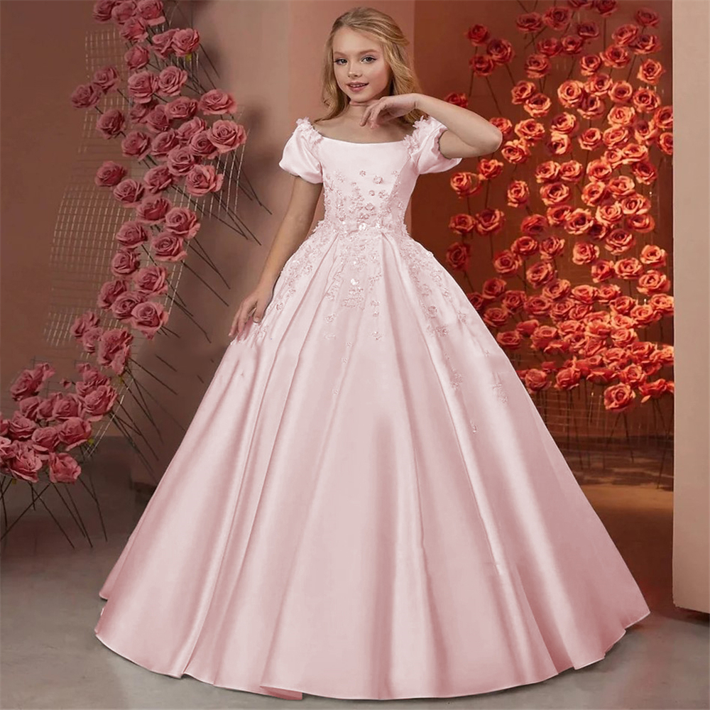 Elegante Blumenmädchenkleider für die Hochzeit, Satin, Perlen, Blumenmuster, bodenlang, für Mädchen, Kindergeburtstag, Erstkommunion
