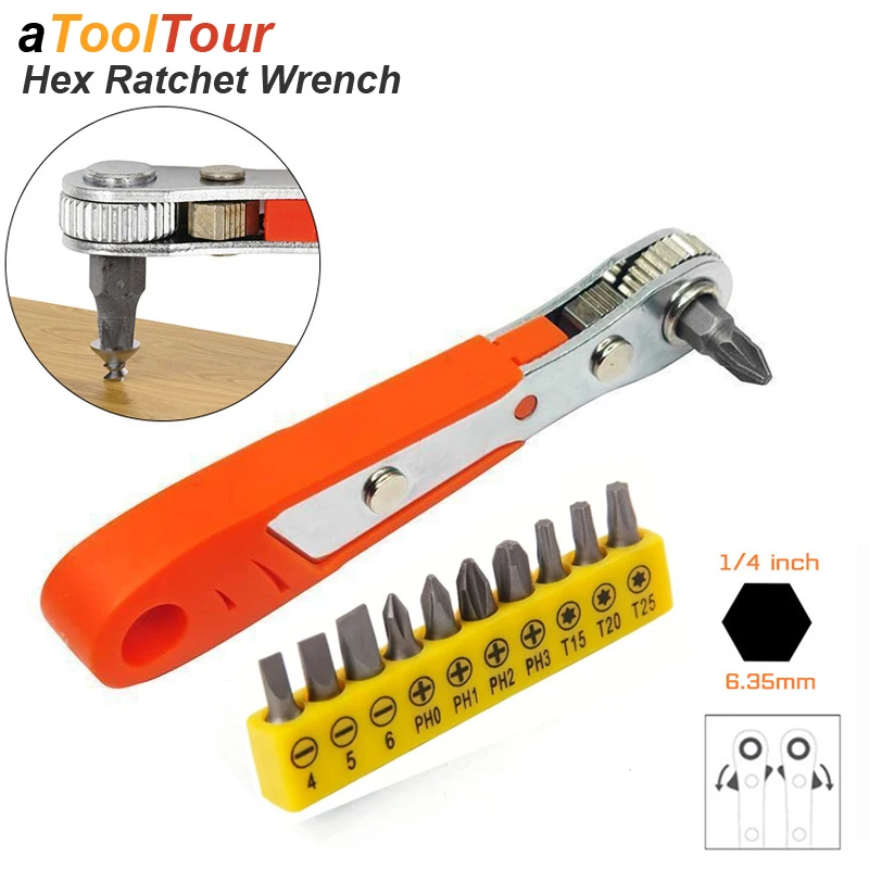 Mini destornillador de Llave de trinquete 1/4, herramienta de mano de reparación de mango de enchufe de liberación rápida ajustable hexagonal para reparación de automóviles, cerca de cuartos