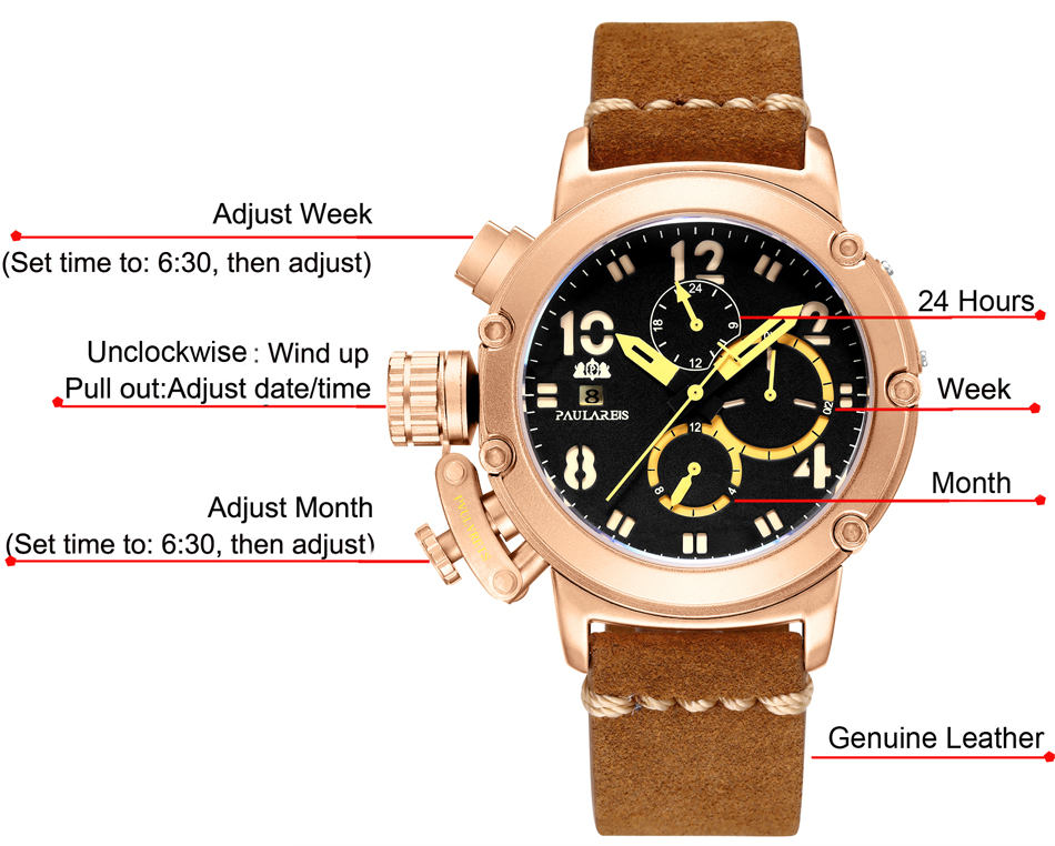 Reloj mecánico automático de cuero marrón genuino para hombre, cronógrafo multifunción con fecha, fecha, mes luminoso limitado, oro rosa, bronce U