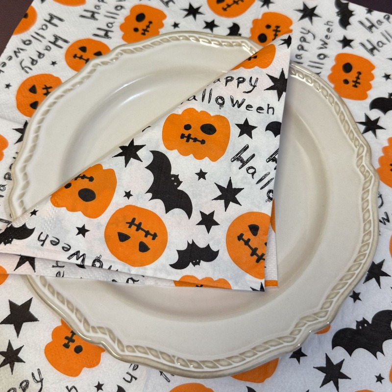20pcs 33cm 2Layer Full Print Halloween Party Tissue Pumpkin Bat Printed Napkins DIY Decoupage Paper