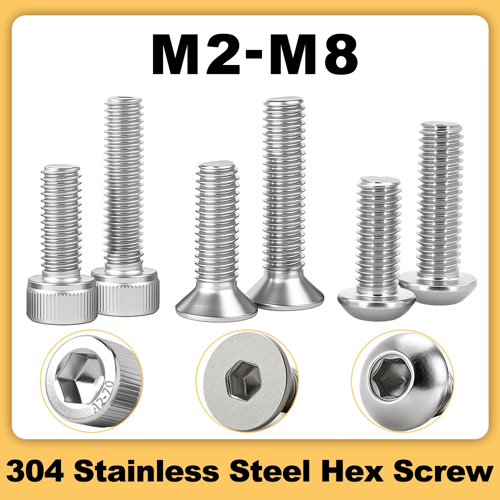 Tornillo con cabeza hexagonal de acero inoxidable 304, pernos de máquina de Metal con rosca M3 M4 M5 M6 M8 DIN912 DIN7991 ISO7380 A2, tornillos Allen hexagonales