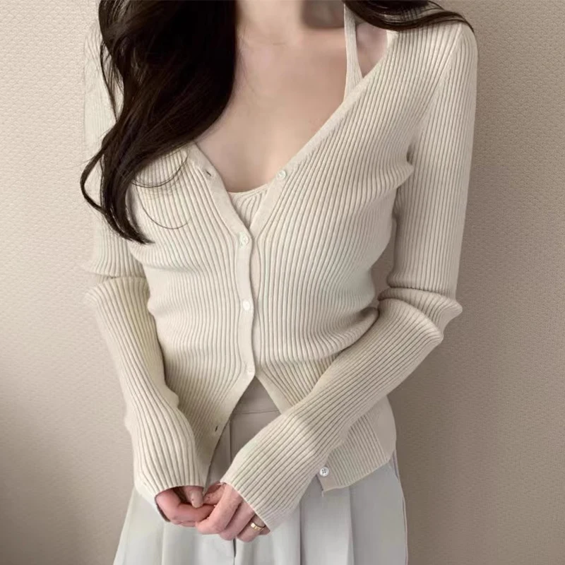 Chic V-Neck Knitted Open Cardigan Top Women's Slimming Inner Tank Vest Two-Piece Set Spring Fashion Casual Comfortable Long S...