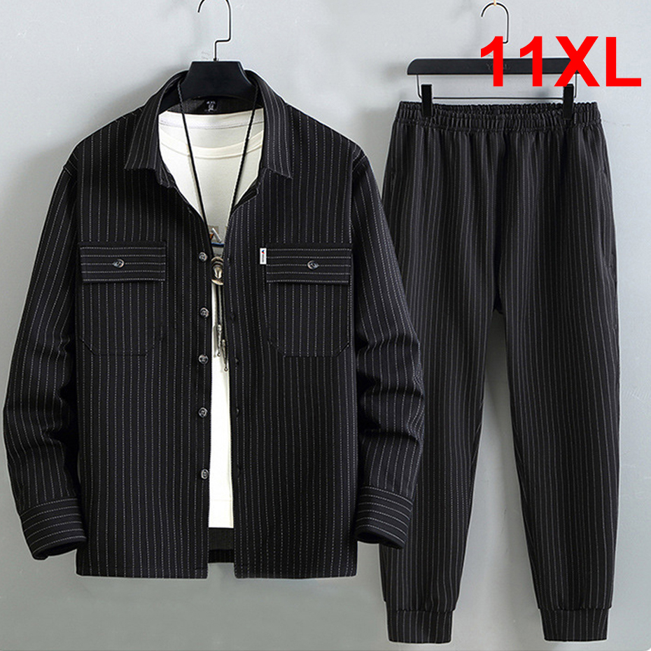 Conjuntos de rayas para hombre, camisas Cargo de talla grande 10XL 11XL, pantalones para hombre, trajes gruesos de Otoño Invierno, conjuntos de chaqueta informal de moda, talla grande 10XL