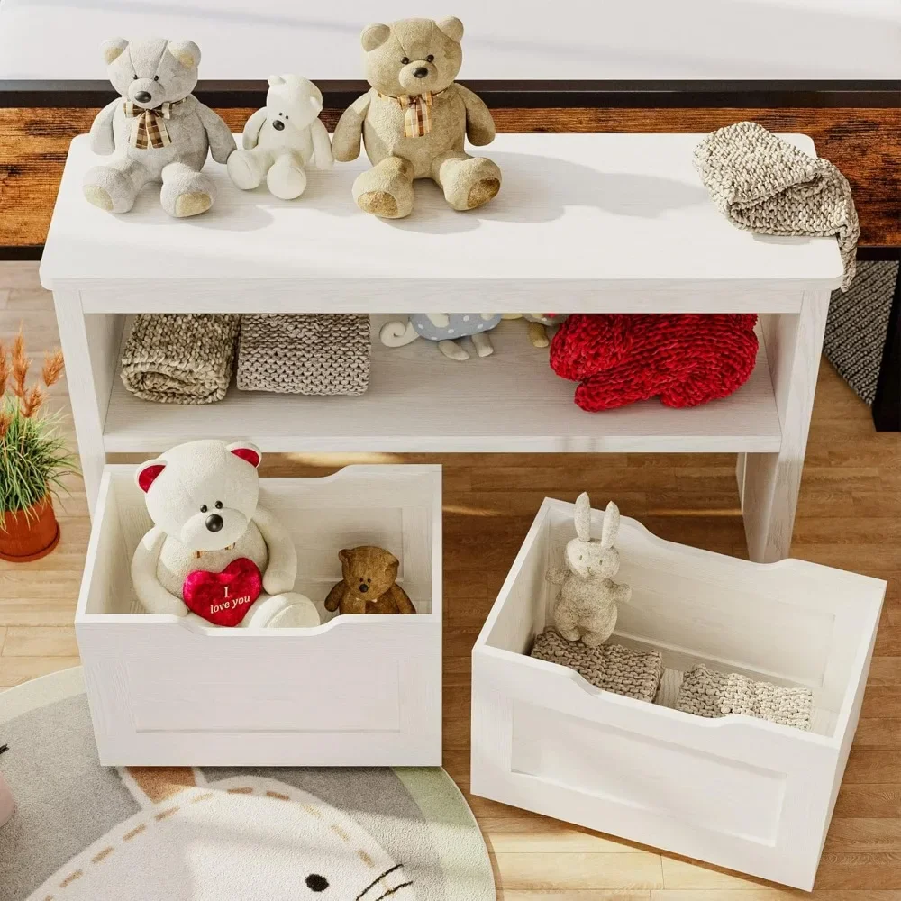 Toy Storage Organizer with Drawers, Floor Toy Box with Wheels and Open Shelf, Storage Chest for Nursery, Playroom and Bedroom