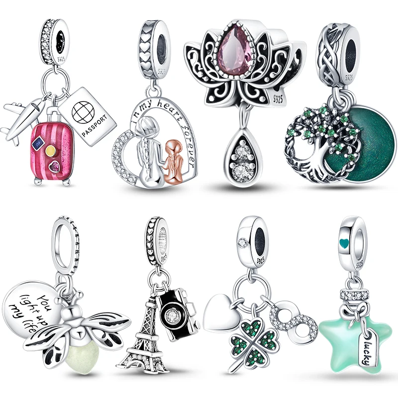 Vendas quentes 925 prata esterlina encantos contas vermelho bagagem árvore da vida câmera torre pingente caber pulseira original diy jóias presentes