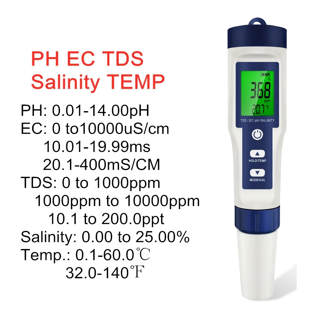 5 In 1 Digital PH TDS EC Meter เครื่องทดสอบอุณหภูมิความเค็มการนําไฟฟ้ากรองน้ําความบริสุทธิ์ปากกา Backlight