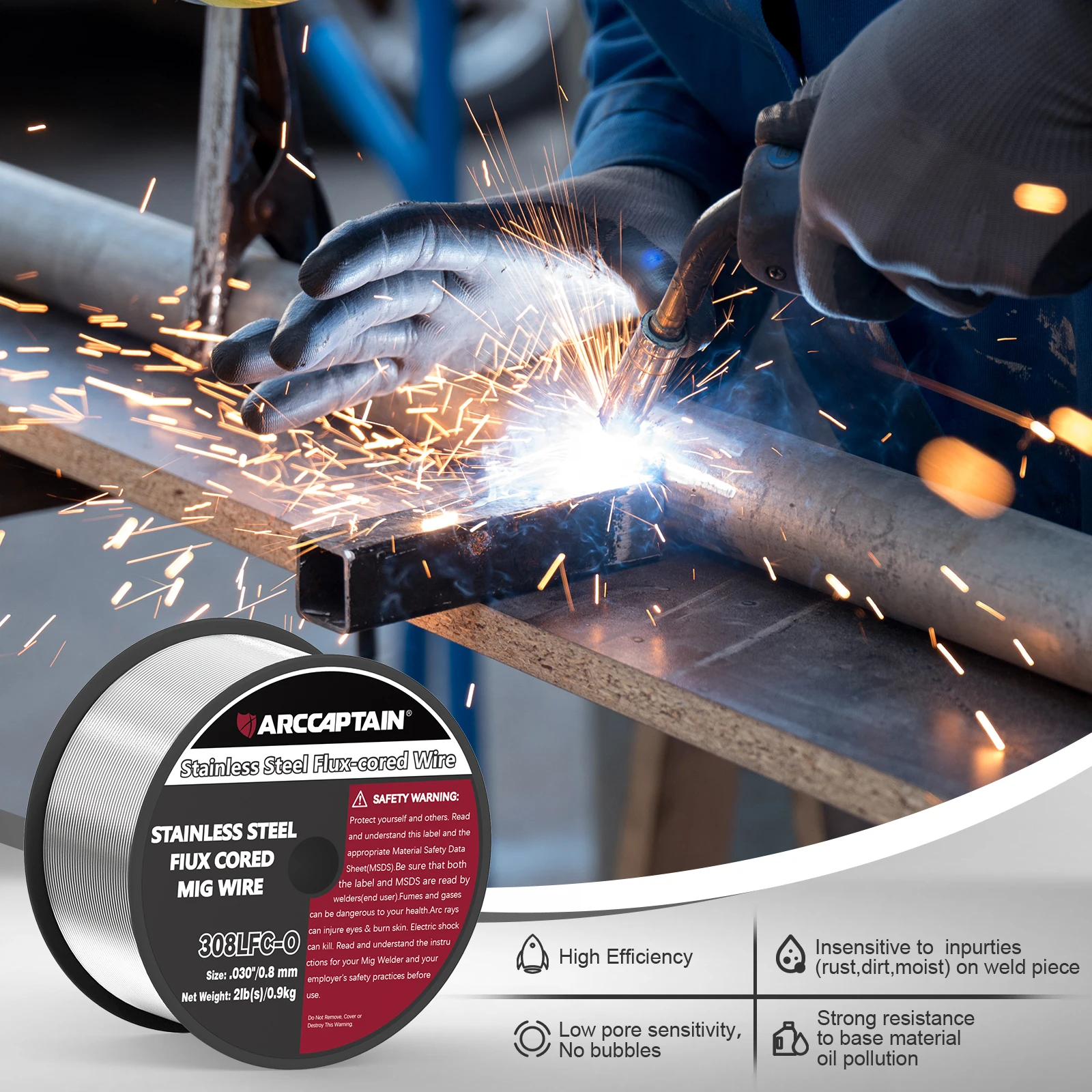 ARCCAPTAIN สแตนเลส FLUX Cored MIG ลวดเชื่อม E308LFC-O 0.8 0.9 มม.2IB 1 กก.1 ม้วนสําหรับ MIG เครื่องเชื่อมบัดกรี