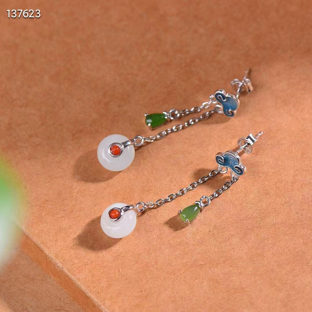 100% alami asli 925 perak murni bunga mosaik giok hetian Putih manik-manik gantung mode anting temperamen anting wanita